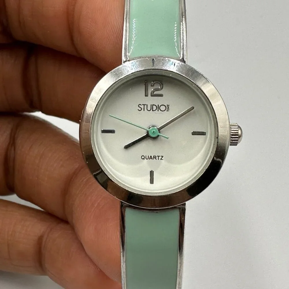 3/$30 Studio Time Watch Women Silver Tone Mint Green Bangle Band New Battery 7